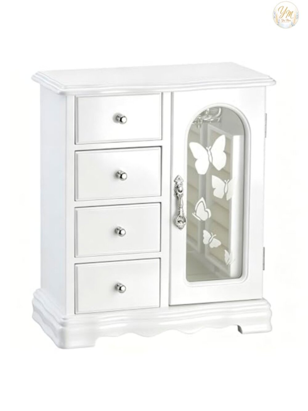 Solid Wood Jewelry Box with Rotating Carousel Mirror and 4 Drawers Organizer